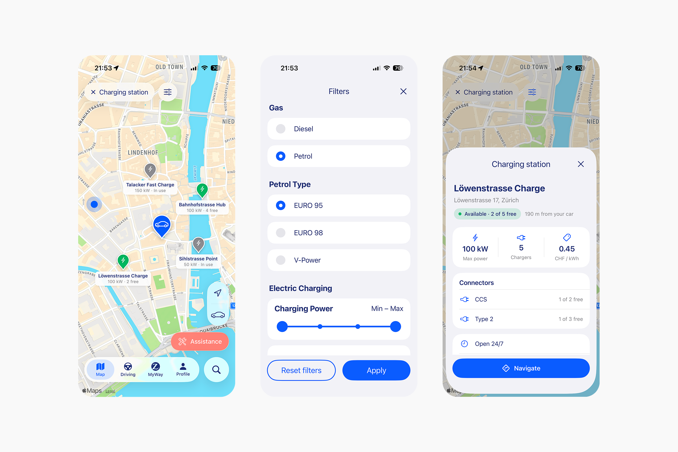 Map, filters and charging station screens