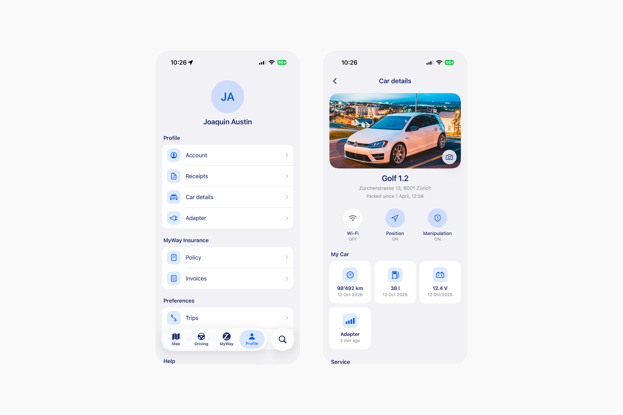 Profile and car details screens